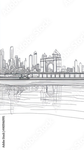 Architectural Cityscape Scene Featuring Buildings Reflecting in Water