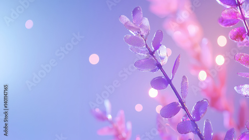 Delicate leaves glisten with droplets against soft purple background, creating serene and enchanting atmosphere