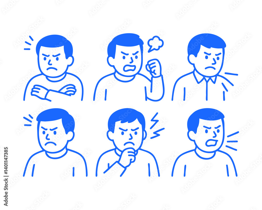 Fototapeta premium angry man doodle cartoon drawing vector illustration set with Varied Poses and Expressions 
