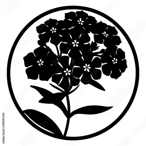 Flower cluster silhouette inside circular frame- Black and white illustration of a blooming flower cluster with leaves and stem, enclosed within a round ornamental border