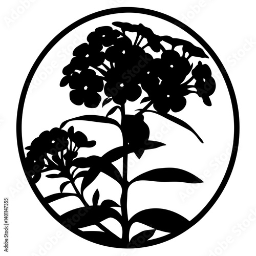 Silhouette of flower cluster in oval frame- Black and white decorative illustration of tall flower clusters with stems and leaves enclosed in an oval-shaped border as an emblem