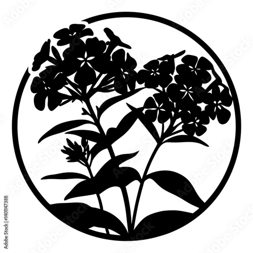 Blooming flower cluster silhouette in circle-  Black and white decorative illustration of clustered flowers with stems and leaves, enclosed inside a circular frame as an ornamental design