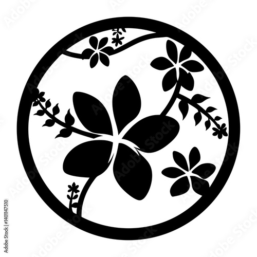 Floral branch silhouette inside circular border- Black and white decorative design featuring flowers and delicate branches enclosed in a circle, creating an ornamental floral emblem