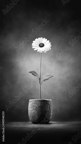 Single flower in a pot, grayscale