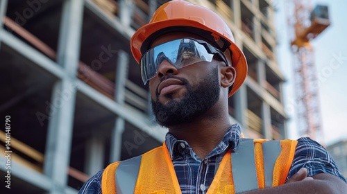 A construction worker stands confidently at a building site