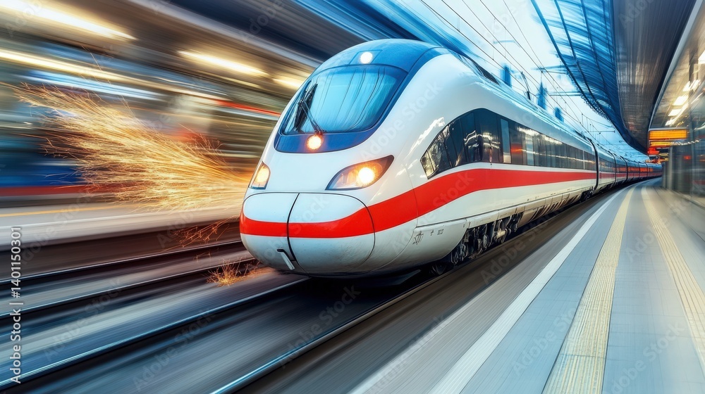 High-Speed Train Racing Through Modern Station with Speed Motion Blur and Sparks, Showcasing the Efficiency of Rail Travel in a Dynamic Urban Environment High-Speed Train Racing Through Modern Station with Speed Motion Blur and Sparks, Showcasing the Efficiency of Rail Travel in a Dynamic Urban Environment