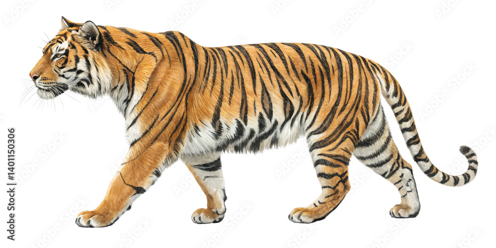 Obraz premium Walking Tiger Illustration, Digital Painting, Isolated on Transparent Background, Tiger, Wildlife, Bengal Tiger, Bengal Tiger, Wildlife Art, Digital Art