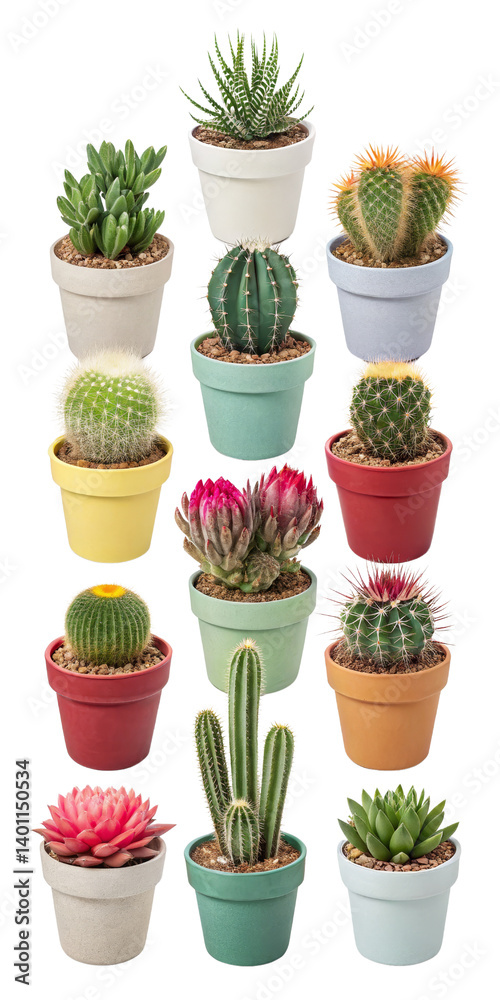 Fototapeta premium Twelve Assorted Succulents and Cacti in Colorful Pots, Isolated on Transparent Background, Plant Collection, Houseplants, Succulents, Cacti, Houseplants
