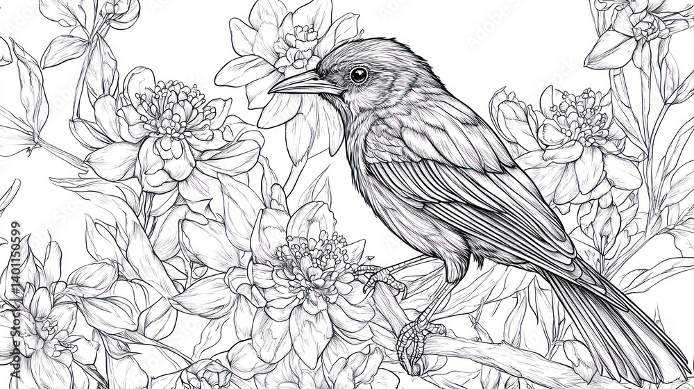 A beautiful bird in the garden, captured in line art for a detailed adult coloring book.