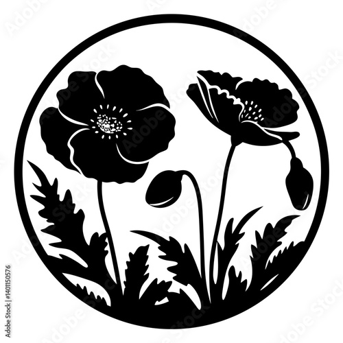 Silhouette of two poppy flowers in circle- Black silhouette illustration of two blooming poppy flowers with buds and leafy stems, enclosed inside a decorative circular frame
