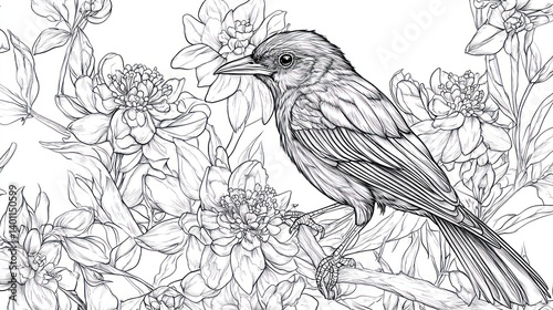 Obraz na płótnie A beautiful bird in the garden, captured in line art for a detailed adult coloring book. w salonie