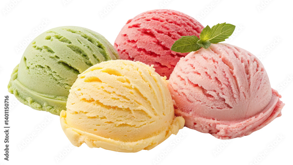 Three Scoops of Ice Cream Pistachio, Strawberry, Vanilla, Isolated on Transparent Background, Dessert, Food Photography, Ice cream, dessert, food Three Scoops of Ice Cream Pistachio, Strawberry, Vanilla, Isolated on Transparent Background, Dessert, Food Photography, Ice cream, dessert, food