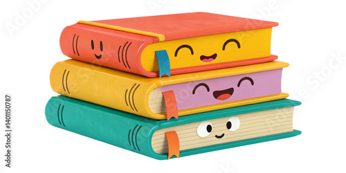 Stack of Cute Cartoon Books, 3D Render, Isolated on Transparent Background, Education, Children's Books, Happy Books, books, illustration, 3d render