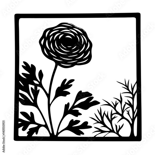 Silhouette of single flower in square frame- Black silhouette artwork showing a single blooming flower with leafy stems and foliage, enclosed within a decorative square border