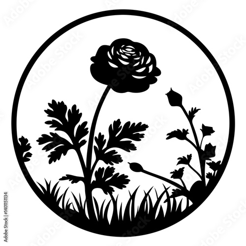 Silhouette of blooming flower in circular frame- Black silhouette illustration showing a blooming flower with leaves and buds, surrounded by grass, enclosed within a round circular frame