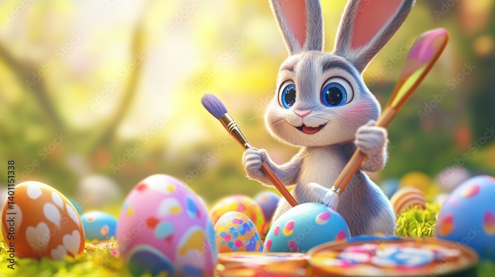 Bunny Painting Easter Eggs in Sunny Field Spring Holiday Celebration
