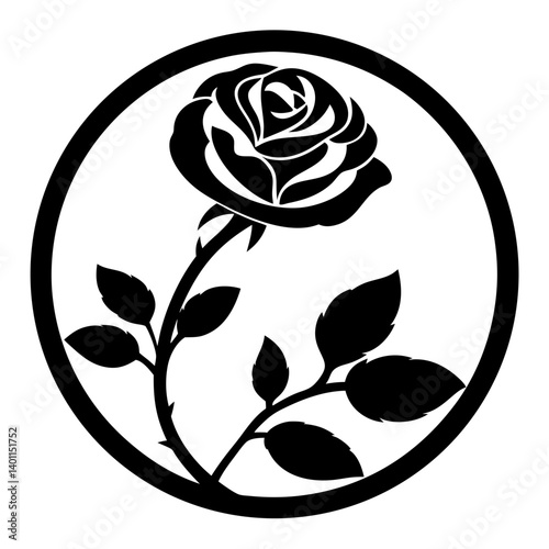 Rose circle floral silhouette- Stylized rose with stem and leaves inside a circular frame, perfect for stencils, papercraft, wall decor, invitations, and elegant floral design projects.