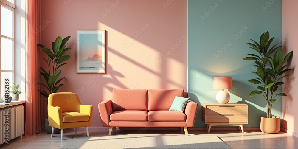Fototapeta premium Modern reinterpretation of retro 80s or 90s aesthetics with vintage furniture