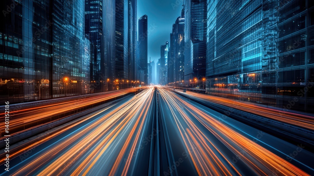 Dynamic night cityscape with light trails through skyscraper-lined avenue Dynamic night cityscape with light trails through skyscraper-lined avenue