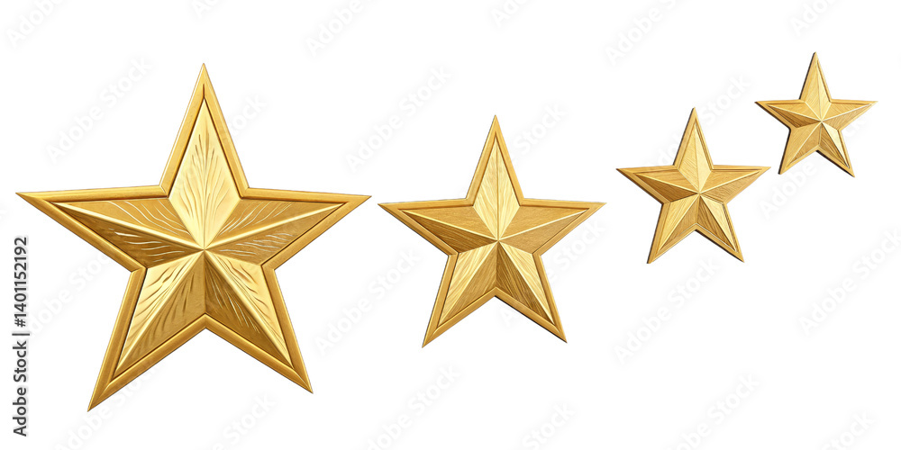 Four Golden Stars 3D Render, Isolated on Transparent Background, Rating, Award, Achievement, Gold star, 3D rendering, transparent background Four Golden Stars 3D Render, Isolated on Transparent Background, Rating, Award, Achievement, Gold star, 3D rendering, transparent background