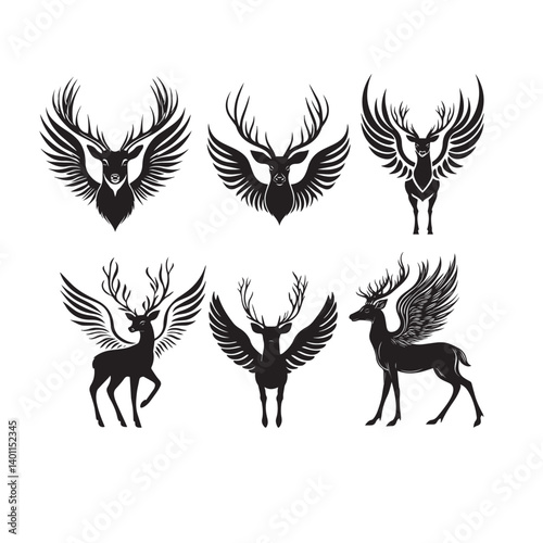 mystical winged deer silhouette logo set  for fantasy design