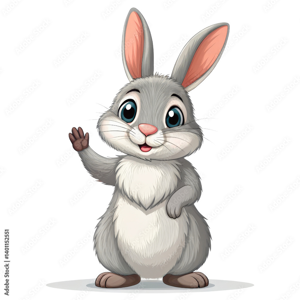 Fototapeta premium Cute Grey Bunny Waving, Cartoon Illustration Isolated on Transparent Background, Animal Character Design, Bunny, Rabbit, Greeting