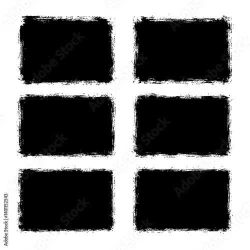 Collection of six black grunge-textured rectangles with rough, jagged edges. Represents distressed backgrounds, design elements, and artistic overlays.