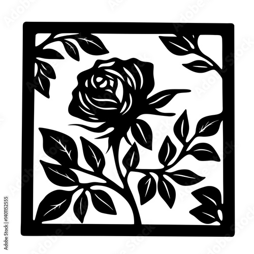 Rose square frame floral stencil- Elegant rose with leaves in a square border, ideal for stencils, papercraft, wall art, invitations, greeting cards, and decorative floral designs