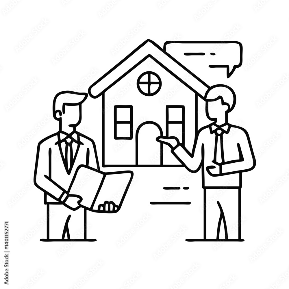 Real estate agent showing home to buyer during discussion and contract review Real estate agent showing home to buyer during discussion and contract review