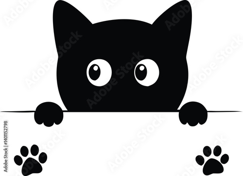Silhouette Black Cat with Paw Prints on White Isolated Background Cartoon Design