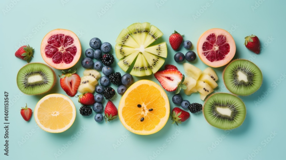 Assorted fresh sliced fruits display