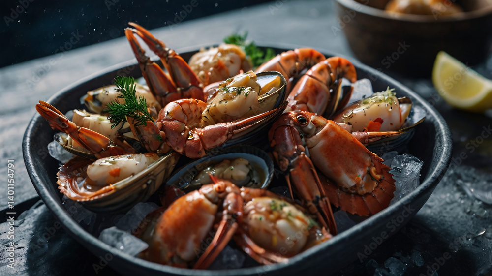 This image showcases a platter of fresh seafood, featuring a mix of cooked shrimp and mussels. This image showcases a platter of fresh seafood, featuring a mix of cooked shrimp and mussels.