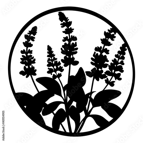 Botanical wildflower silhouette inside circular frame- Black silhouette of tall blooming wildflowers with leaves enclosed in a round circle frame, perfect for decorative artwork, logos, or patterns