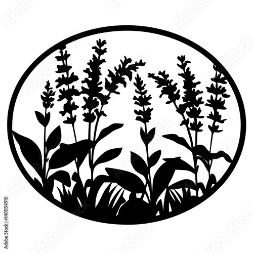 Wildflower garden silhouette inside oval frame- Black silhouette of tall blooming wildflowers with leaves and grass enclosed in an oval frame, ideal for decorative artwork, logos, or patterns