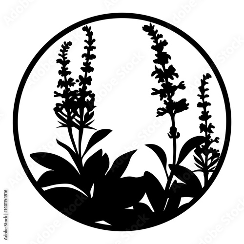 Wildflower silhouette illustration inside circular frame- Black silhouette of tall wildflowers with stems and leaves enclosed in a round circle frame, perfect for decorative artwork, logos, or pattern