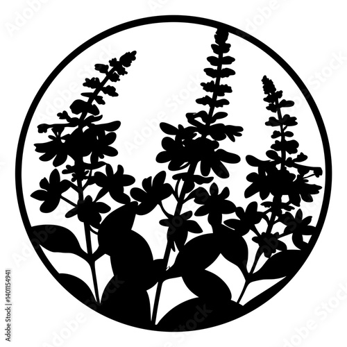 Botanical floral silhouette inside circular frame- Black silhouette of tall blooming flowers with leaves enclosed in a round circle frame, ideal for decorative artwork, logos, or vector patterns
