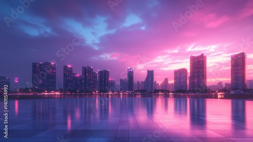Wallpaper Mural Mesmerizing skyscrapers reflecting in waterfront at sunset with vibrant pink and purple sky Torontodigital.ca