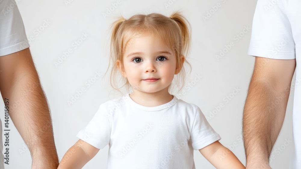Naklejka premium Smiling toddler girl between two adults
