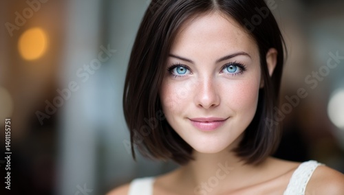 Smiling blue-eyed woman portrait, blurred background in an office setting