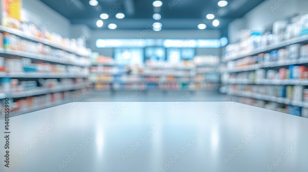 Fototapeta premium Blurred view of a modern pharmacy interior with shelves of medicines