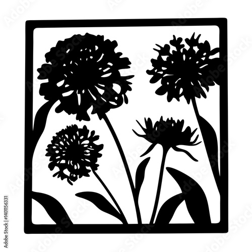 Wildflower silhouette artwork inside square frame- Black silhouette of blooming wildflowers with stems and leaves enclosed in a square frame, suitable for decorative artwork, patterns, and logos