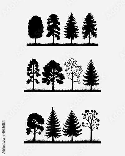 Set of Tree Silhouettes – Vector Collection of Forest, Park and Garden Elements in Black and White