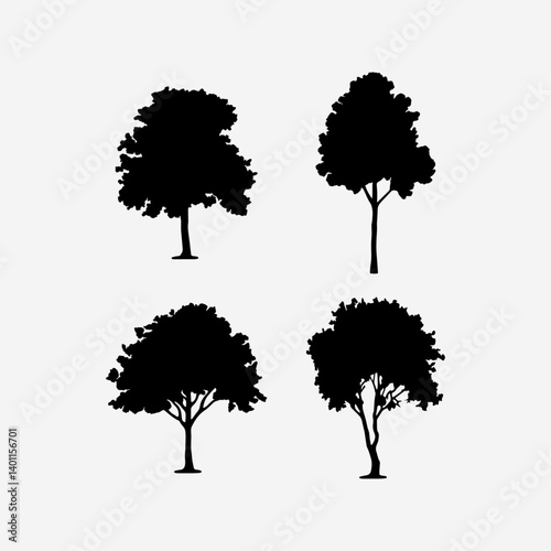 Set of Tree Silhouettes – Vector Collection of Forest, Park and Garden Elements in Black and White