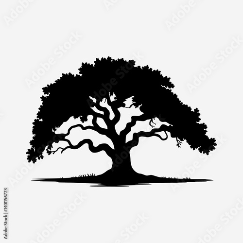 Black Silhouette Tree Illustration – Isolated Nature Element with Branches, Roots and Seasonal Variations