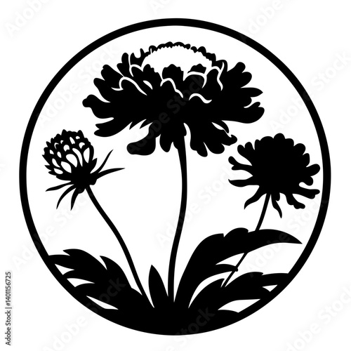 Floral silhouette artwork inside circular frame- Black silhouette of blooming flowers with leaves and stems enclosed in a round circle frame, suitable for decorative artwork, logos, and patterns