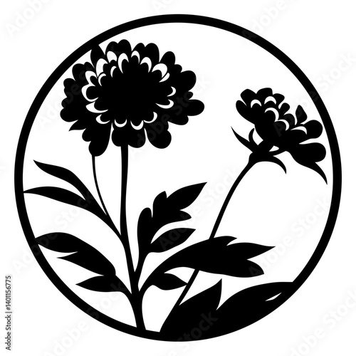 Botanical flower silhouette inside circular frame- Black silhouette of decorative flowers with leaves enclosed in a round circle frame, perfect for vector artwork, patterns, and logos.