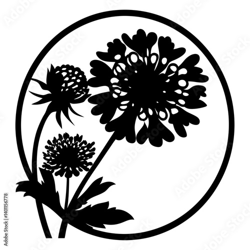 Decorative flower silhouette inside circular frame- Black silhouette of blooming decorative flowers with leaves enclosed in a round circle frame, ideal for vector artwork, patterns, and logos