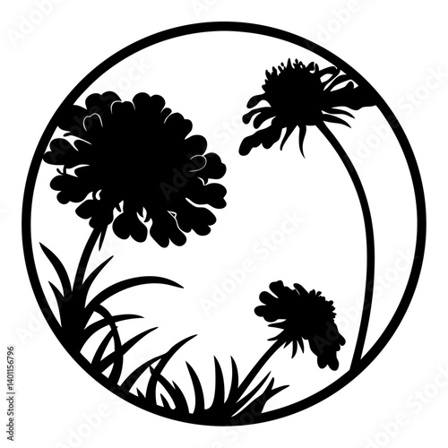Floral silhouette illustration inside round circle frame- Black silhouette of blooming flowers with stems and grass enclosed in a circular frame, perfect for decorative vector artwork, and patterns