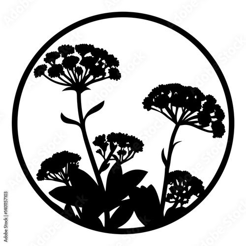 Botanical flower silhouette inside circular frame- Black silhouette of tall wildflowers with stems and leaves enclosed in a round circle frame, ideal for decorative artwork, logos, or patterns