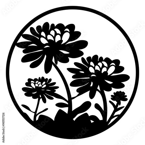 Decorative flower silhouette inside circular frame- Black silhouette of blooming decorative flowers enclosed in a round circle frame, ideal for artwork, vector patterns, logos, and ornamental designs